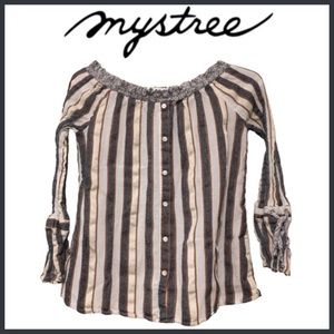 MYSTREE Vertical Stripe Blouse: Boho, 3/4 Bell Sleeve, Blue Tan White, Small